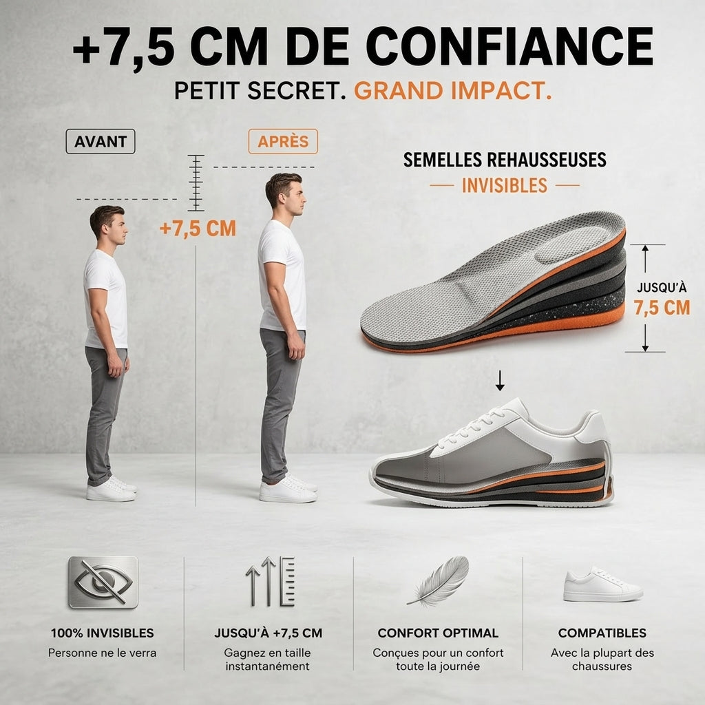 Semelles Réhausseuses Invisibles – Gagnez Jusqu’à +7,5 cm de Taille