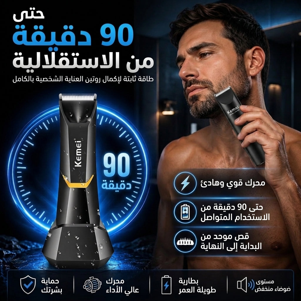 Tondeuse Corps Homme Kemei 3208 – Étanche IPX7, Lame Céramique & Recharge USB-C — vue 3